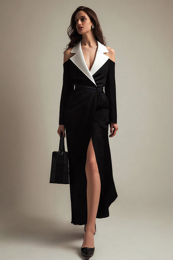 Black and White Satin Notched Lapel Long Sleeves Blazer Dress