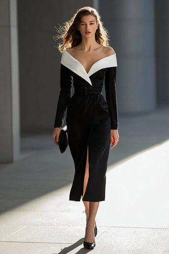 Black and White Pencil Off the Shoulder Midi Work Dress with Belt