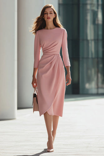 Pink Satin Pencil Round Neck Midi Work Dress with Sleeves