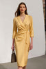 Load image into Gallery viewer, Yellow Pencil Satin Shawl Lapel Midi Work Dress with Sash