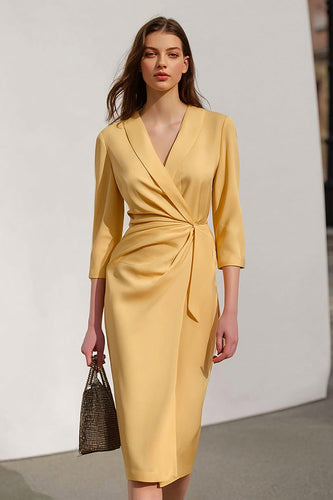 Yellow Pencil Satin Shawl Lapel Midi Work Dress with Sash