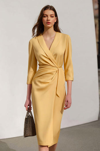 Yellow Pencil Satin Shawl Lapel Midi Work Dress with Sash