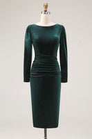 Load image into Gallery viewer, Dark Green Bodycon Velvet Boat Neck Midi Holiday Party Dress with Sleeves