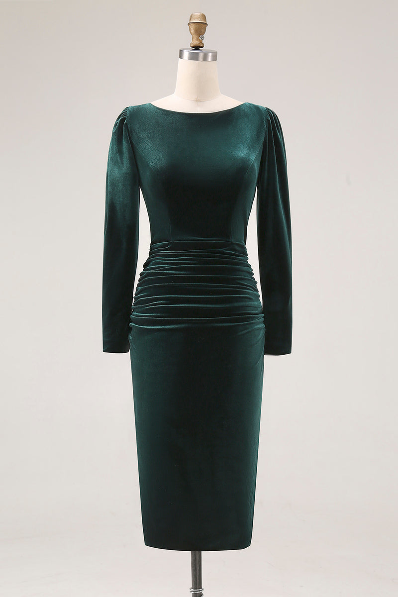 Load image into Gallery viewer, Dark Green Bodycon Velvet Boat Neck Midi Holiday Party Dress with Sleeves