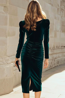 Dark Green Bodycon Boat Neck Midi Holiday Party Dress with Sleeves