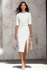 Load image into Gallery viewer, Ivory Pencil Satin Round Neck Midi Work Dress with Slit