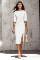 Load image into Gallery viewer, Ivory Pencil Satin Round Neck Midi Work Dress with Slit