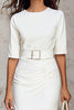 Load image into Gallery viewer, Ivory Pencil Satin Round Neck Midi Work Dress with Slit