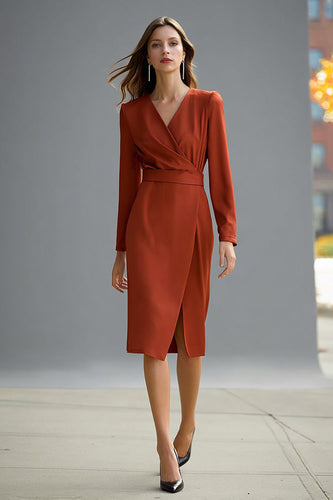 Terracotta Satin V-Neck Pencil Midi Work Dress with Slit