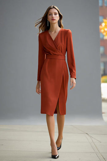 Terracotta Satin V-Neck Pencil Midi Work Dress with Slit