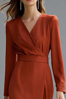 Load image into Gallery viewer, Terracotta Pencil Satin V-Neck Long Sleeves Midi Work Dress with Slit