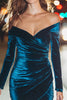 Load image into Gallery viewer, Peacock Blue Velvet Tight Ruched Short Holiday Party Dress with Sleeves