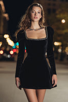 Load image into Gallery viewer, Sparkly Black Velvet Tight Square Neck Beaded Short Holiday Party Dress