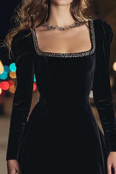 Sparkly Black Velvet Tight Square Neck Beaded Short Holiday Party Dress