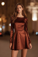 Load image into Gallery viewer, Coffee A Line Satin Boat Neck Short Cocktail Dress with Sleeves