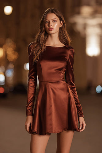 Coffee A Line Satin Boat Neck Short Cocktail Dress with Sleeves
