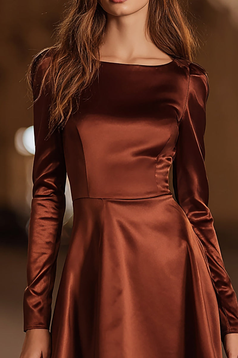 Load image into Gallery viewer, Coffee A Line Satin Boat Neck Short Cocktail Dress with Sleeves