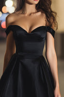 Load image into Gallery viewer, Black Satin A Line Off the Shoulder Short Cocktail Dress