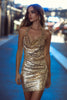 Load image into Gallery viewer, Sparkly Gold Tight Sequins Halter Ruched Short Cocktail Dress