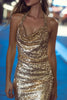 Load image into Gallery viewer, Sparkly Gold Tight Sequins Halter Ruched Short Cocktail Dress