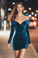 Load image into Gallery viewer, Peacock Blue Velvet Off the Shoulder Short Holiday Party Dress