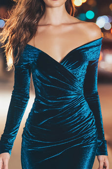 Peacock Blue Velvet Off the Shoulder Short Holiday Party Dress