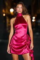 Load image into Gallery viewer, Fuchsia Satin Tight High Neck Short Cocktail Dress with Ruffles