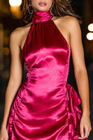 Load image into Gallery viewer, Fuchsia Satin Tight High Neck Short Cocktail Dress with Ruffles