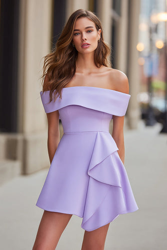 Lilac Satin A Line Off the Shoulder Short Cocktail Dress with Ruffles