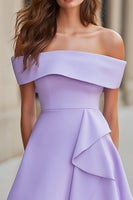 Load image into Gallery viewer, Lilac Satin A Line Off the Shoulder Short Cocktail Dress with Ruffles