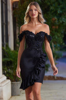 Load image into Gallery viewer, Sparkly Black Satin Beaded Tight Short Cocktail Dress with Ruffles