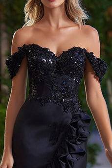 Sparkly Black Satin Beaded Tight Short Cocktail Dress with Ruffles
