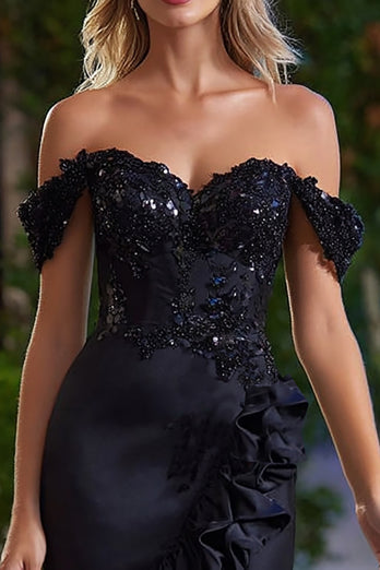 Sparkly Black Satin Beaded Tight Short Cocktail Dress with Ruffles