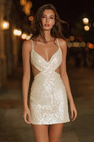 Load image into Gallery viewer, Sparkly Ivory Sequins Cut Out Tight Short Cocktail Dress