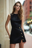 Load image into Gallery viewer, Black Satin A Line Crew Neck Short Cocktail Dress with Slit