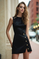 Load image into Gallery viewer, Black Satin A Line Crew Neck Short Cocktail Dress with Slit