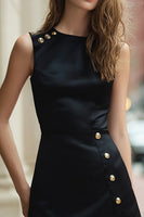Load image into Gallery viewer, Black Satin A Line Crew Neck Short Cocktail Dress with Slit