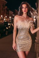 Load image into Gallery viewer, Sparkly Gold Sequins Tight Short Cocktail Dress with Feathers