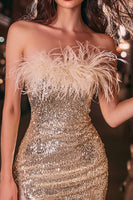 Load image into Gallery viewer, Sparkly Gold Sequins Tight Short Cocktail Dress with Feathers