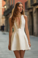 Load image into Gallery viewer, Queendancer Women Ivory Tweed Short Cocktail Dress A Line Deep V-Neck Sleeveless Homecoming Dress