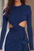 Load image into Gallery viewer, Navy Satin Cut Out Ruched Short Cocktail Dress with Sleeves