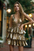 Load image into Gallery viewer, Metallic Gold A Line Tiered V-Neck Short Cocktail Dress