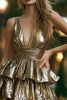 Load image into Gallery viewer, Metallic Gold A Line Tiered V-Neck Short Cocktail Dress