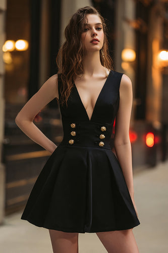Black A Line V-Neck Short Cocktail Dress