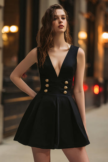 Black A Line V-Neck Short Cocktail Dress