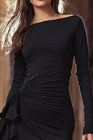 Load image into Gallery viewer, Black Satin Tight Ruched Short Cocktail Dress with Sleeves