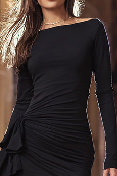 Black Satin Tight Ruched Short Cocktail Dress with Sleeves