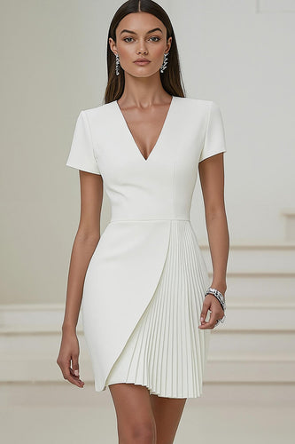 Ivory Pencil V-Neck Pleated Short Work Dress with Sleeves