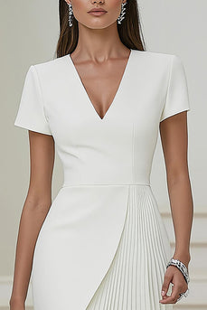 Ivory Pencil V-Neck Pleated Short Work Dress with Sleeves