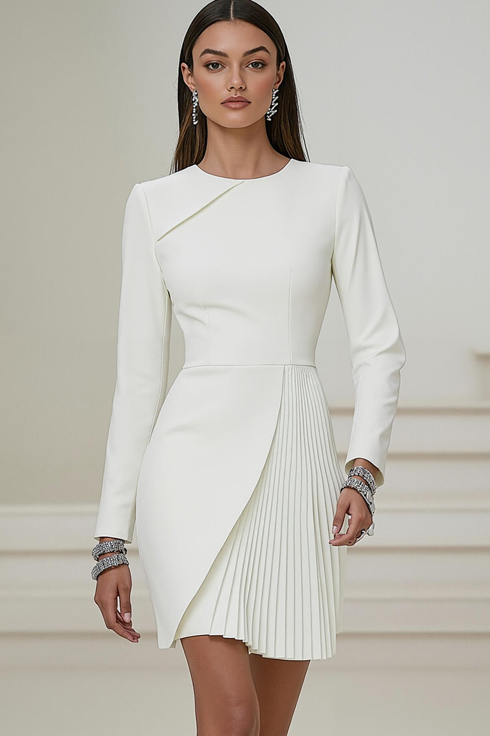Queendancer Women Ivory Pleated Short Work Dress Long Sleeves Pencil Round Neck Business Dress